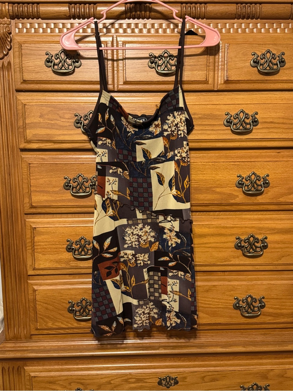 Cider Floral Patchwork Slip Dress in Black, Cream, and Brown